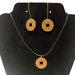Handmade Chinese brass coin earring necklace black leather cord jewelry‎ set